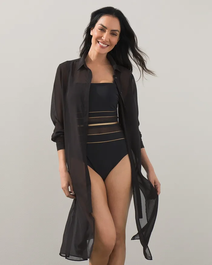 Chico039s Long Sleeve Buttoned Coverup Dress Black Women Swim