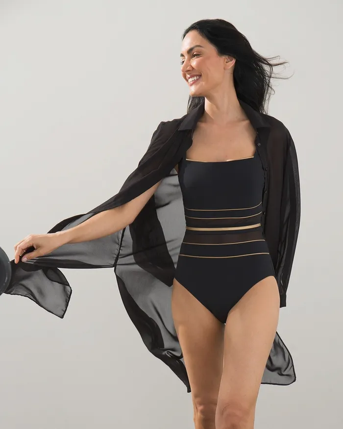Chico039s Long Sleeve Buttoned Coverup Dress Black Women Swim