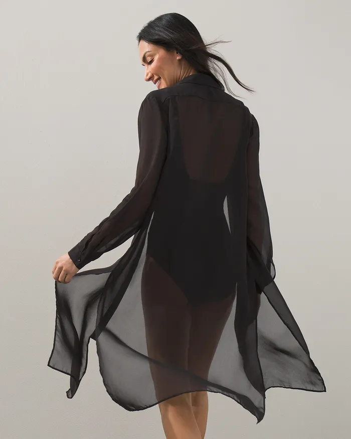 Chico039s Long Sleeve Buttoned Coverup Dress Black Women Swim