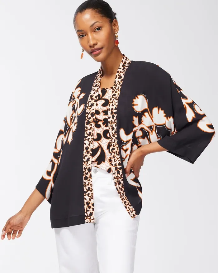 Chico039s Mixed Print Ruana Black Women Ponchos and Ruanas