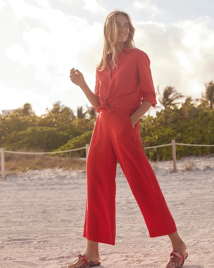 Chico039s No Iron Linen 34 Sleeve Shirt Flame Scarlet Women Tops
