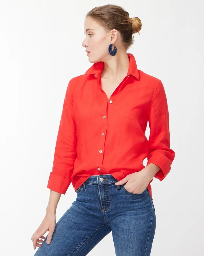Chico039s No Iron Linen 34 Sleeve Shirt Flame Scarlet Women Tops