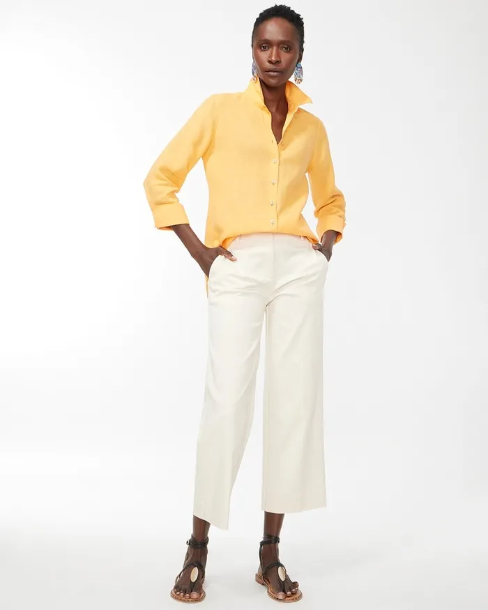 Chico039s No Iron Linen 34 Sleeve Shirt Flame Scarlet Women Tops