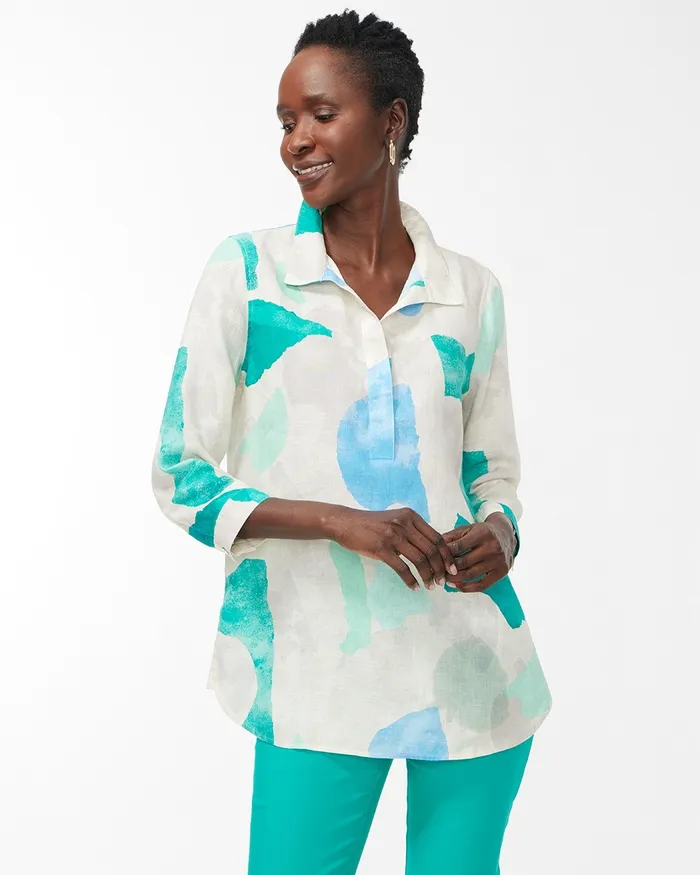 Chico039s No Iron Linen Print Button Back Tunic Harbour Green Women Tops