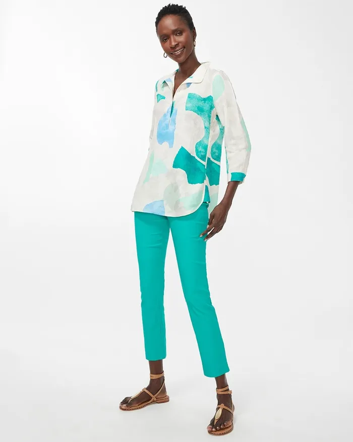 Chico039s No Iron Linen Print Button Back Tunic Harbour Green Women Tops