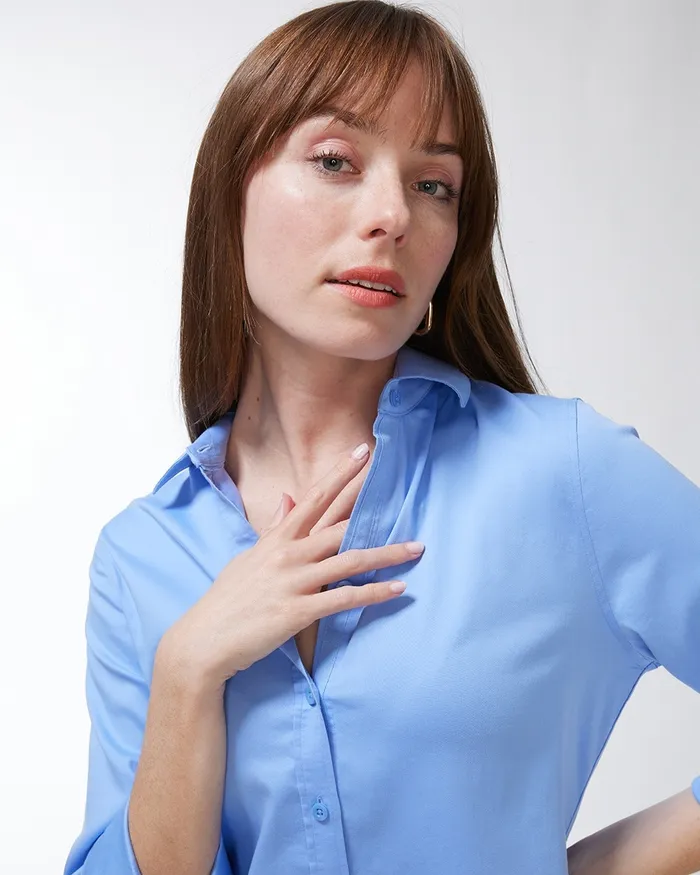 Chico039s No Iron Stretch Shirt Blue Veil Women Tops