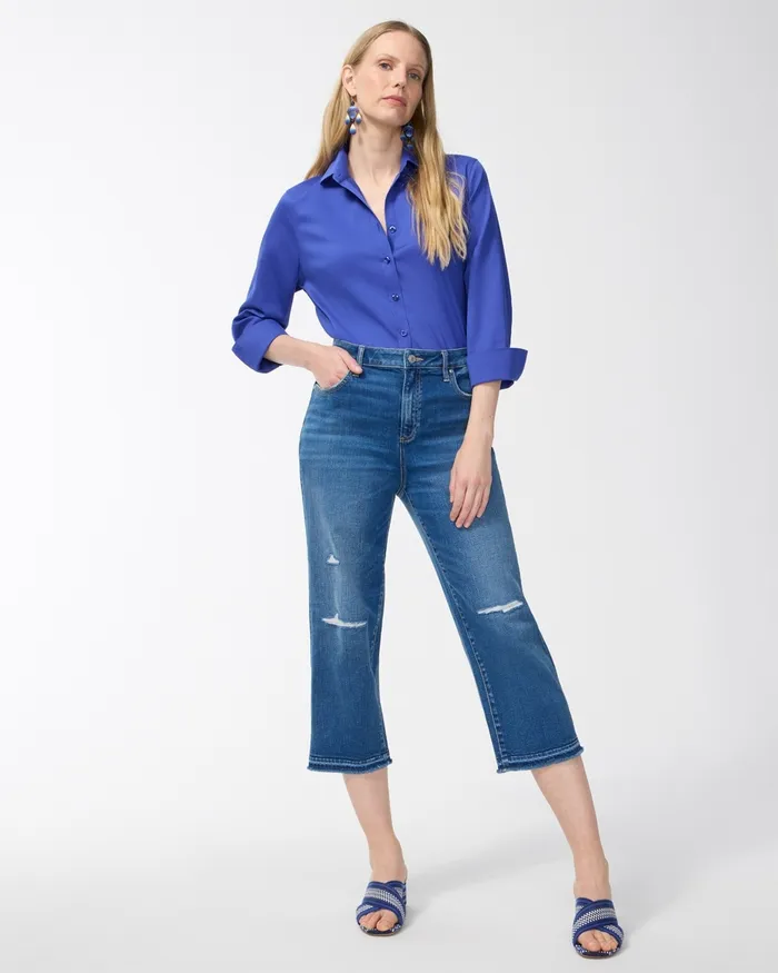 Chico039s No Iron Stretch Shirt Blue Veil Women Tops