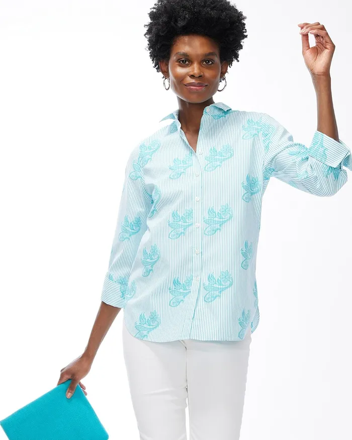 Chico039s No Iron Stretch Stripe Paisley Shirt Agua Azul Women Tops