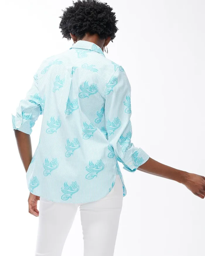 Chico039s No Iron Stretch Stripe Paisley Shirt Agua Azul Women Tops
