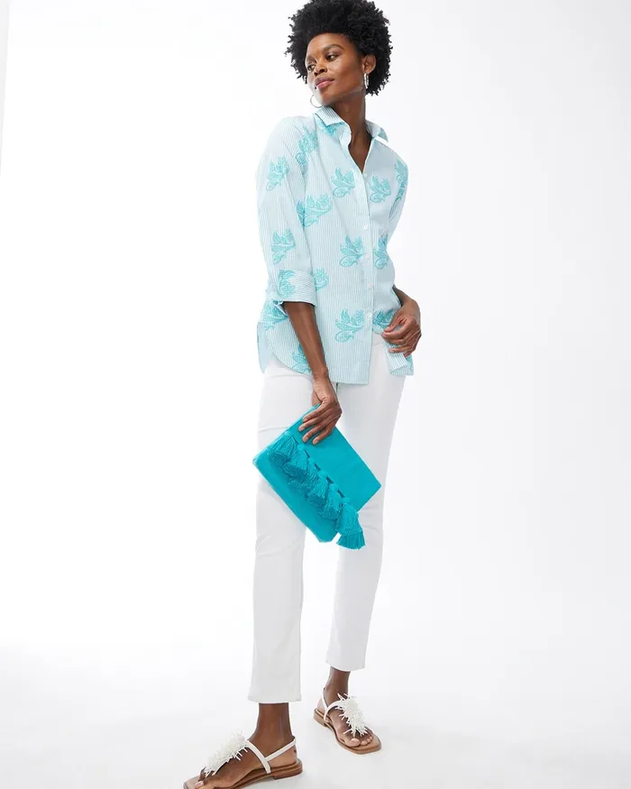 Chico039s No Iron Stretch Stripe Paisley Shirt Agua Azul Women Tops
