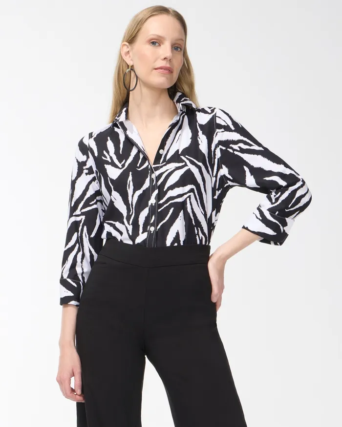 Chico039s No Iron Stretch Zebra 34 Sleeve Shirt BlackOptic White Women Tops