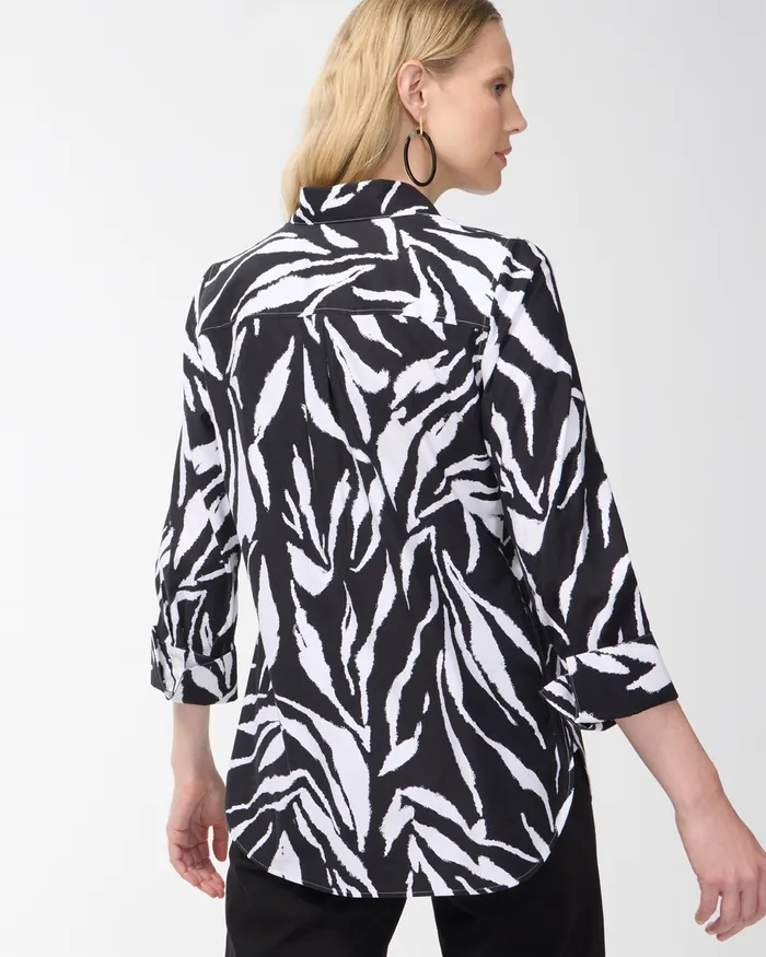 Chico039s No Iron Stretch Zebra 34 Sleeve Shirt BlackOptic White Women Tops