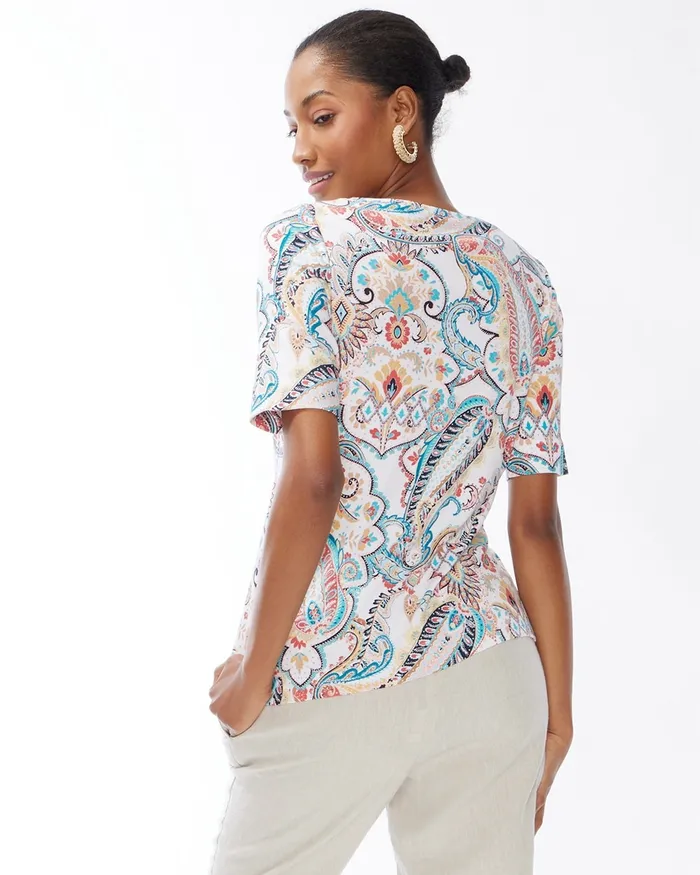 Chico039s Paisley Pima Elbow Sleeve Tee Optic White Women Tops