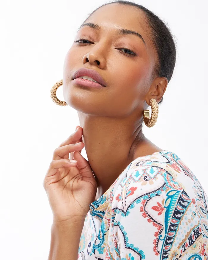 Chico039s Paisley Pima Elbow Sleeve Tee Optic White Women Tops