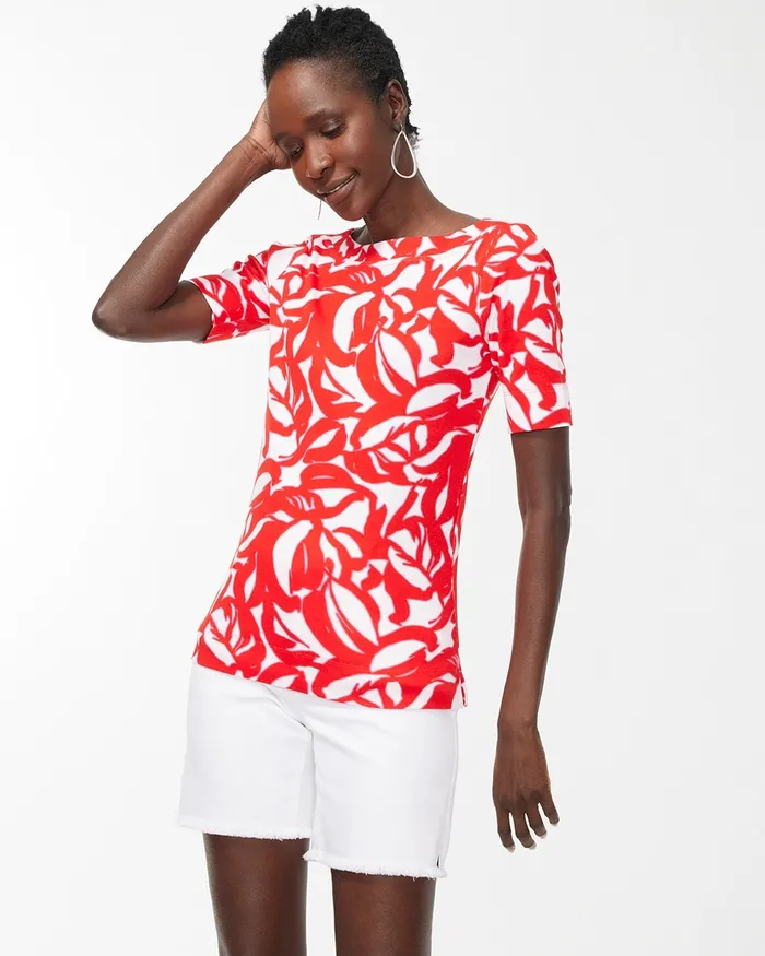 Chico039s Pima Leaf Print Everyday Tee Flame Scarlet Women Tops