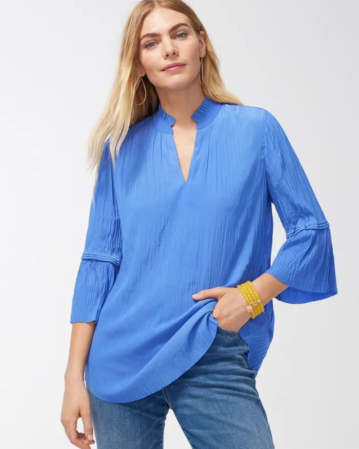 Chico039s Pleated Flare Sleeve Blouse Amparo Blue Women Tops