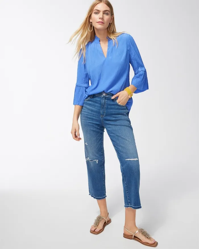 Chico039s Pleated Flare Sleeve Blouse Amparo Blue Women Tops