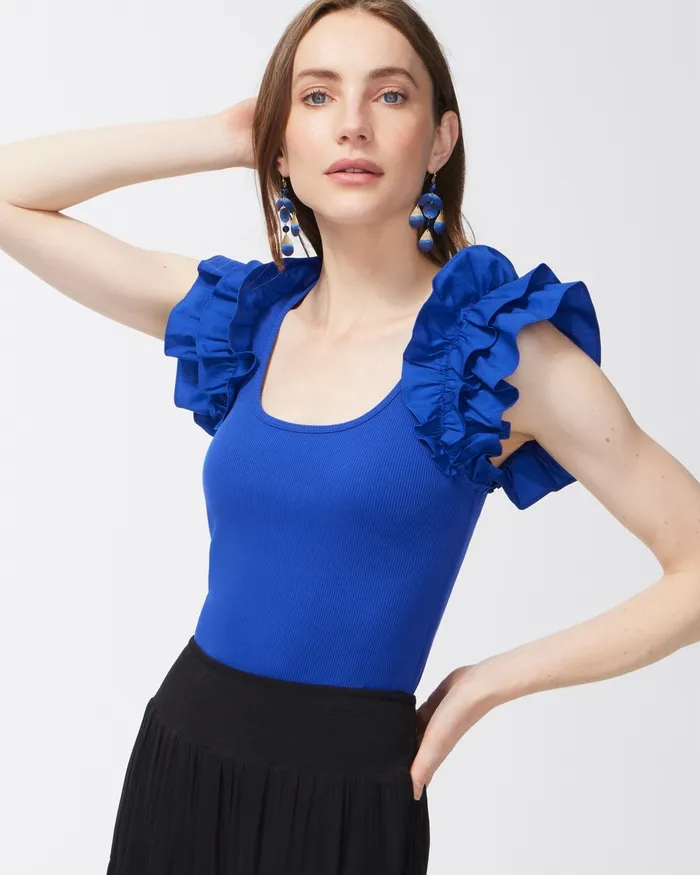 Chico039s Poplin Rib Mix Ruffle Sleeve Tank Blue Grotto Women Tops