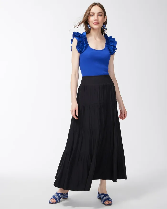 Chico039s Poplin Rib Mix Ruffle Sleeve Tank Blue Grotto Women Tops