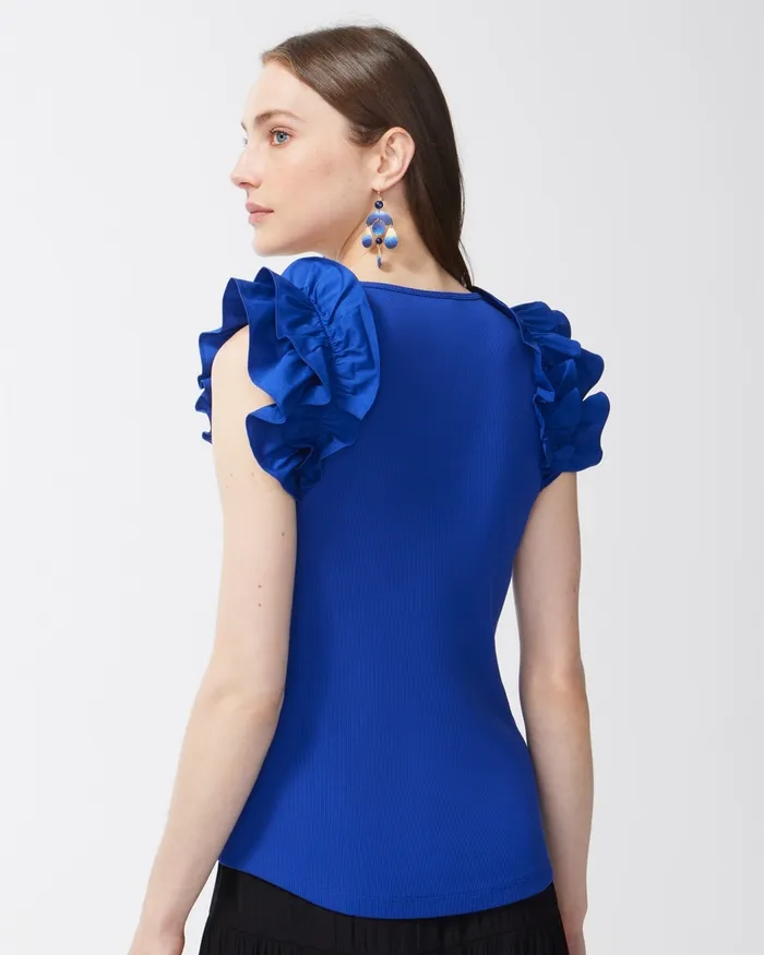 Chico039s Poplin Rib Mix Ruffle Sleeve Tank Blue Grotto Women Tops