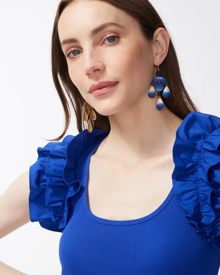 Chico039s Poplin Rib Mix Ruffle Sleeve Tank Blue Grotto Women Tops