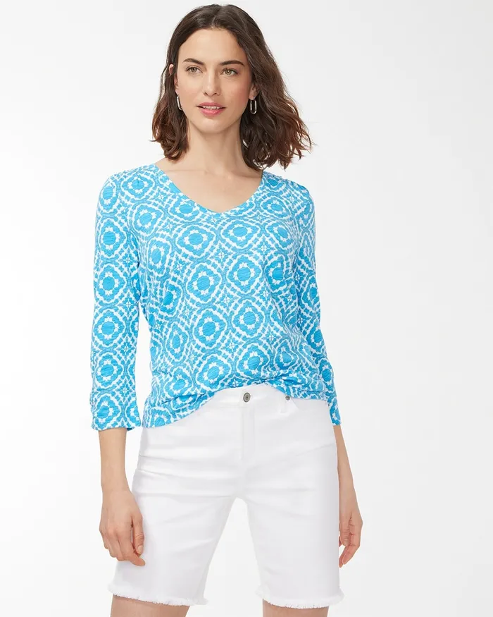 Chico039s Ripple Print 34 Sleeve Slub Tee Poolside Blue Women Tops