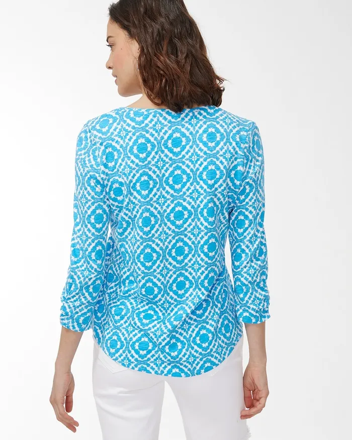 Chico039s Ripple Print 34 Sleeve Slub Tee Poolside Blue Women Tops