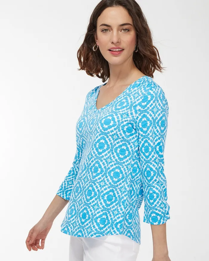Chico039s Ripple Print 34 Sleeve Slub Tee Poolside Blue Women Tops