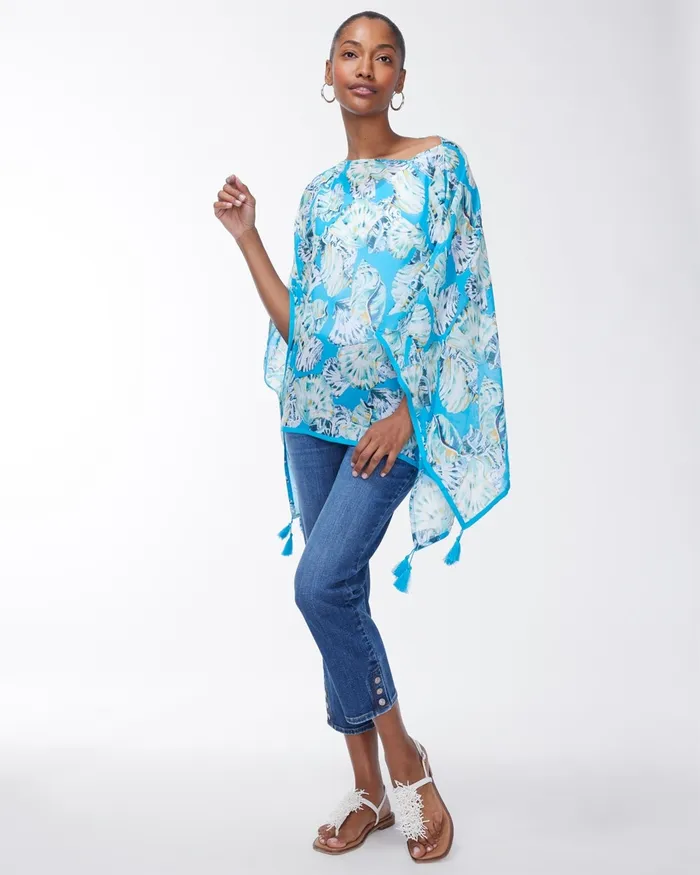 Chico039s Seashell Print Tassel Poncho Poolside Blue Women Tops
