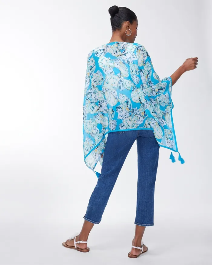 Chico039s Seashell Print Tassel Poncho Poolside Blue Women Tops