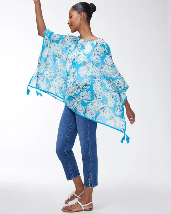 Chico039s Seashell Print Tassel Poncho Poolside Blue Women Tops