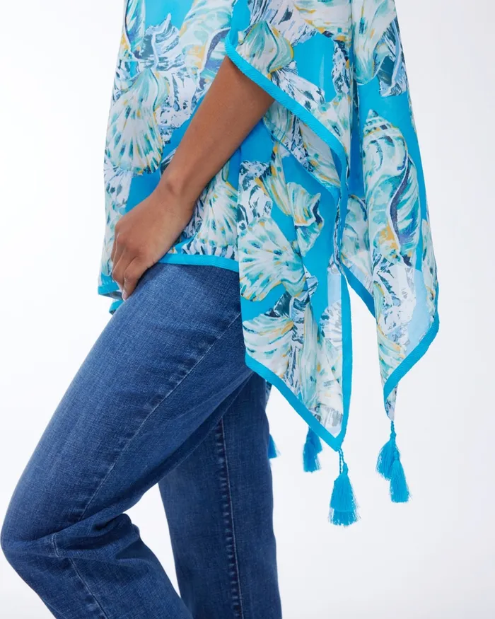 Chico039s Seashell Print Tassel Poncho Poolside Blue Women Tops