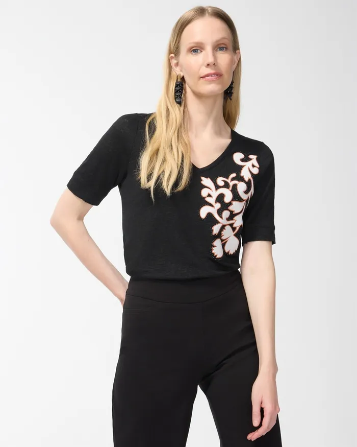 Chico039s Shirred Back Embroidered Linen Tee Black Women Tops