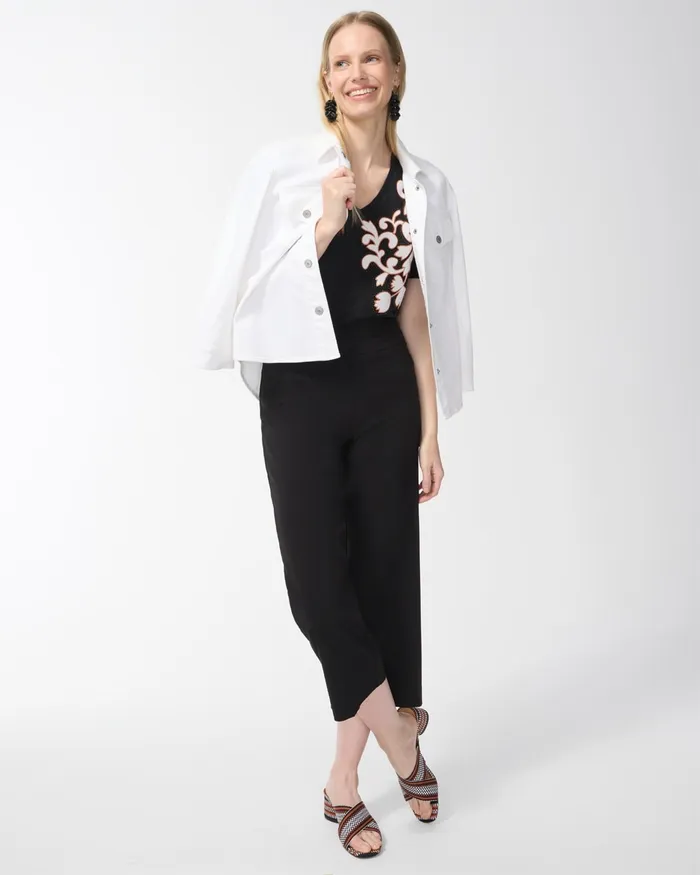 Chico039s Shirred Back Embroidered Linen Tee Black Women Tops