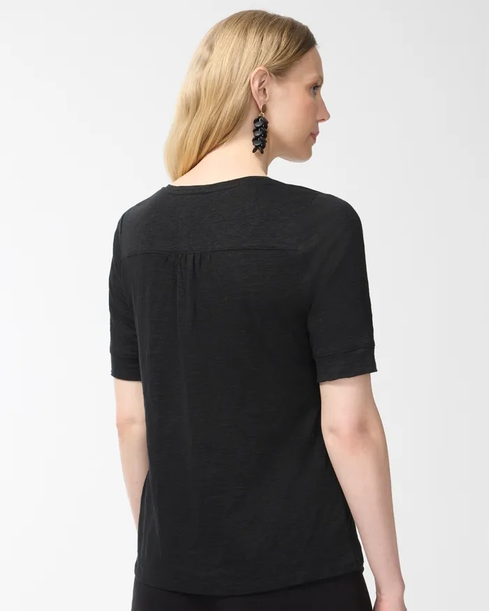 Chico039s Shirred Back Embroidered Linen Tee Black Women Tops