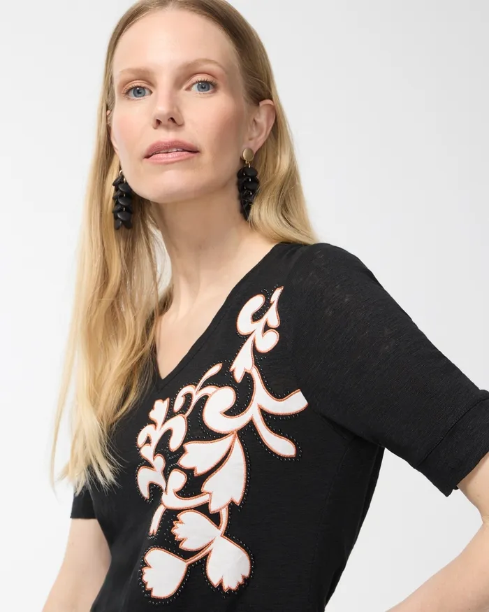 Chico039s Shirred Back Embroidered Linen Tee Black Women Tops