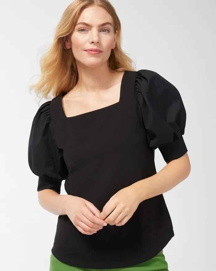 Chico039s Square Neck Puff Sleeve Top Black Women Tops