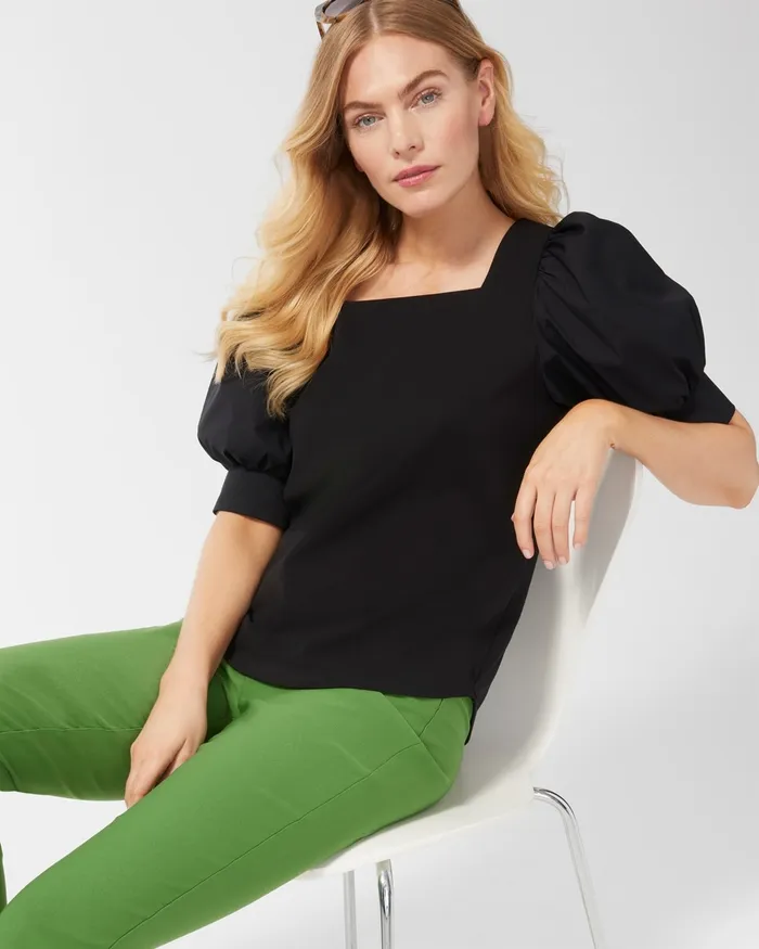 Chico039s Square Neck Puff Sleeve Top Black Women Tops