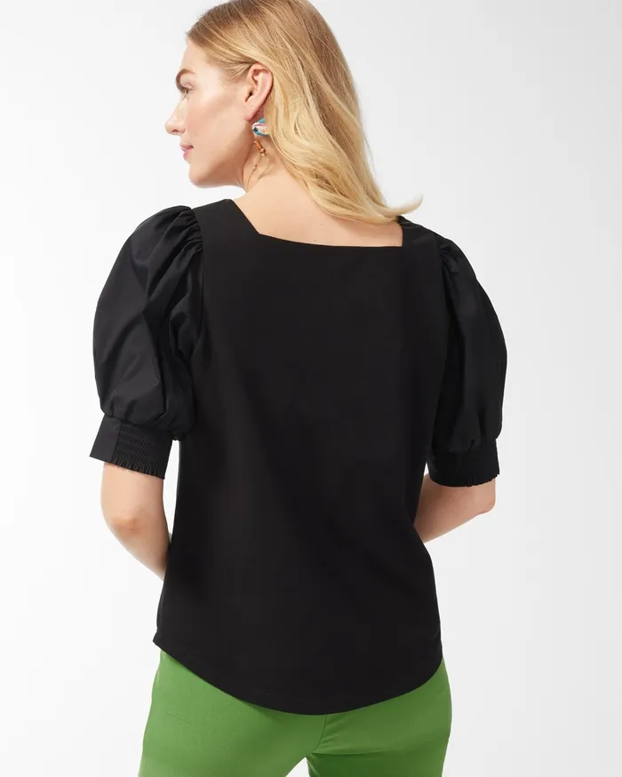 Chico039s Square Neck Puff Sleeve Top Black Women Tops