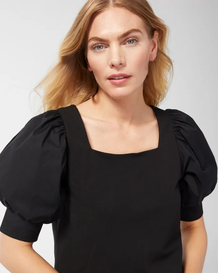 Chico039s Square Neck Puff Sleeve Top Black Women Tops