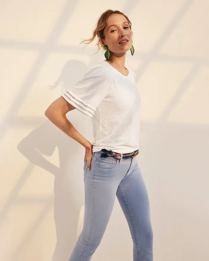 Chico039s Stretch Linen Fringe Sleeve Tee Alabaster Women Tees