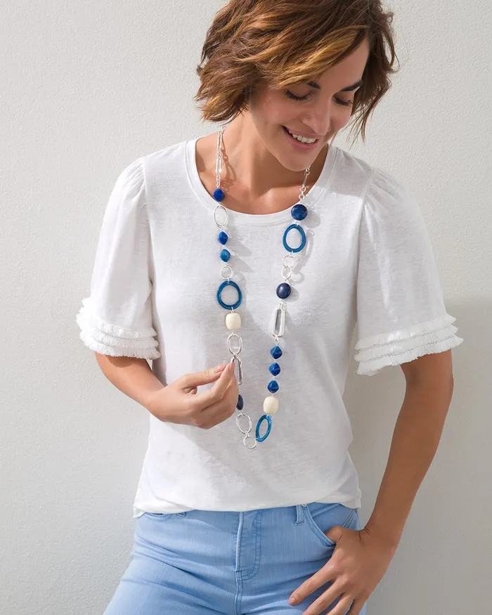 Chico039s Stretch Linen Fringe Sleeve Tee Alabaster Women Tees