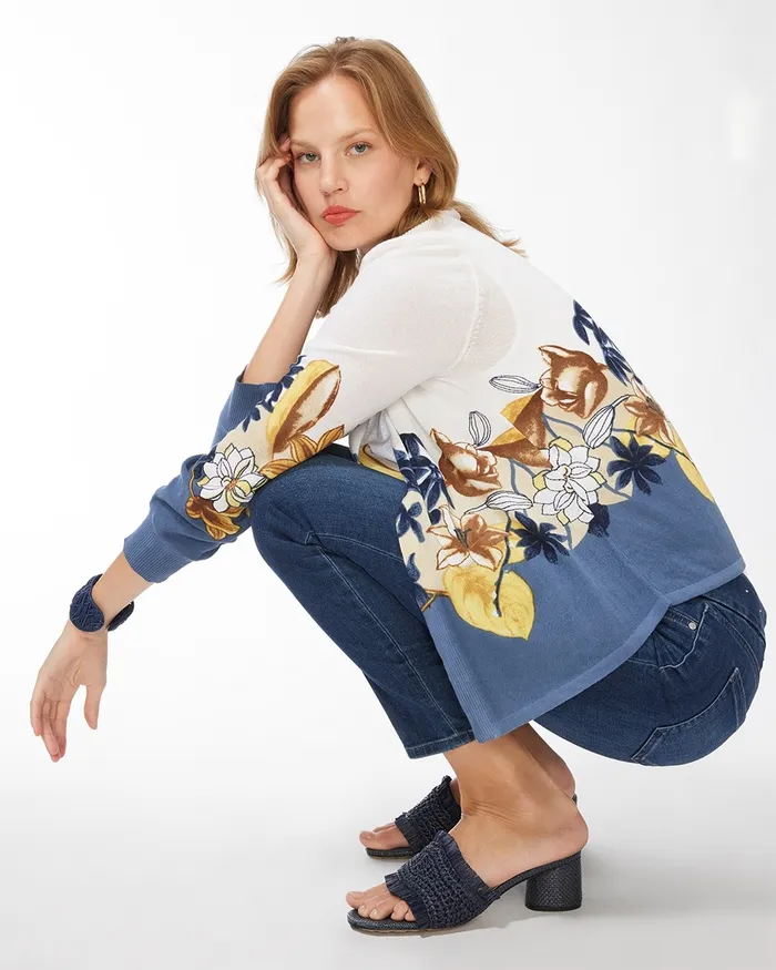 Chico039s Summer Romance Floral Cardigan Classic Navy Women Sweaters