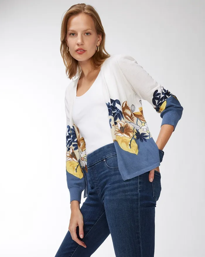 Chico039s Summer Romance Floral Cardigan Classic Navy Women Sweaters