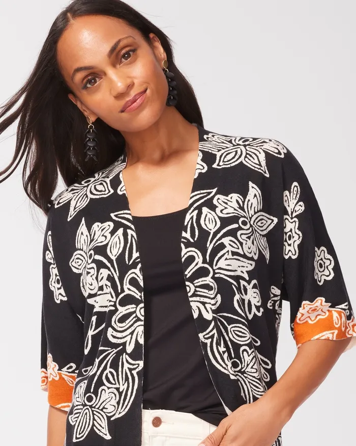 Chico039s Summer Romance Floral Midi Cardigan Black Women Sweaters