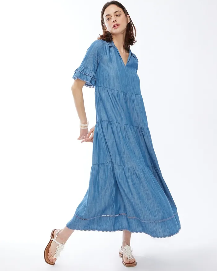 Chico039s Tencel Tiered Sundress Bay Indigo Women Dresses and Skirts