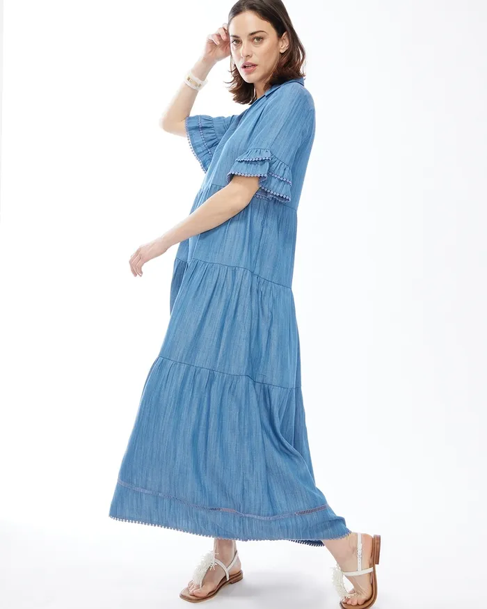 Chico039s Tencel Tiered Sundress Bay Indigo Women Dresses and Skirts