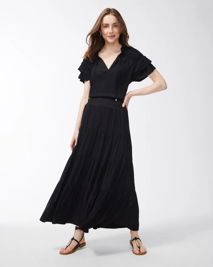 Chico039s Tiered Maxi Skirt Black Women Dresses and Skirts