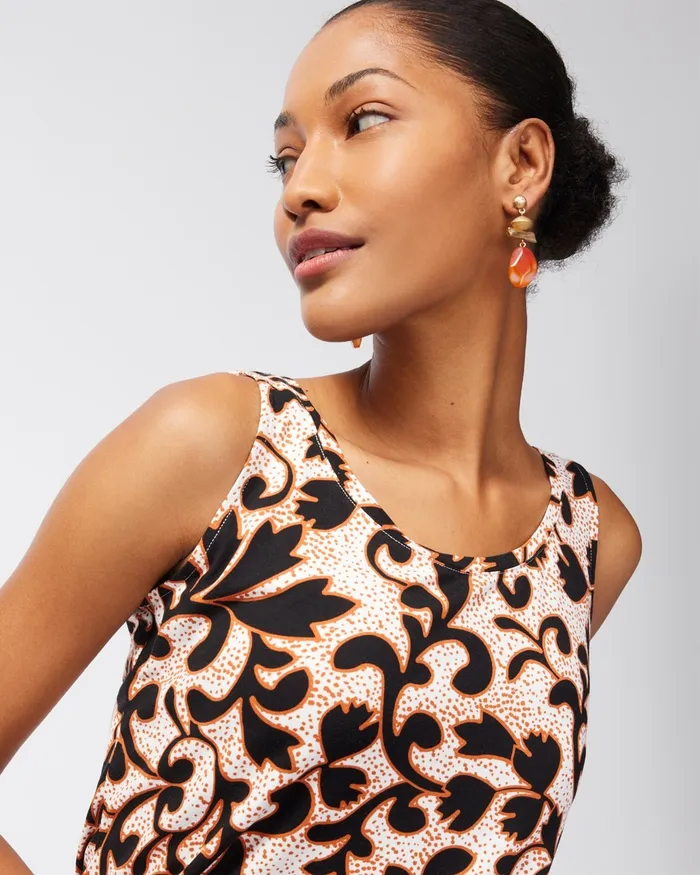Chico039s Touch Of Cool Leaf Print Polished Tank Black Women Tees