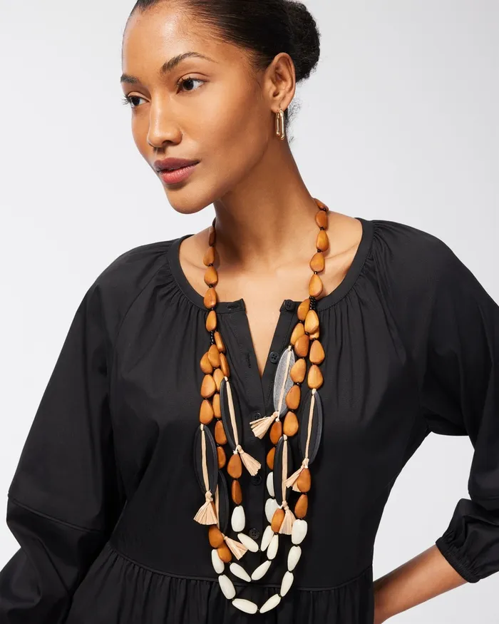 Chico039s Wood Bead Multistrand Necklace Neutral Women Necklaces
